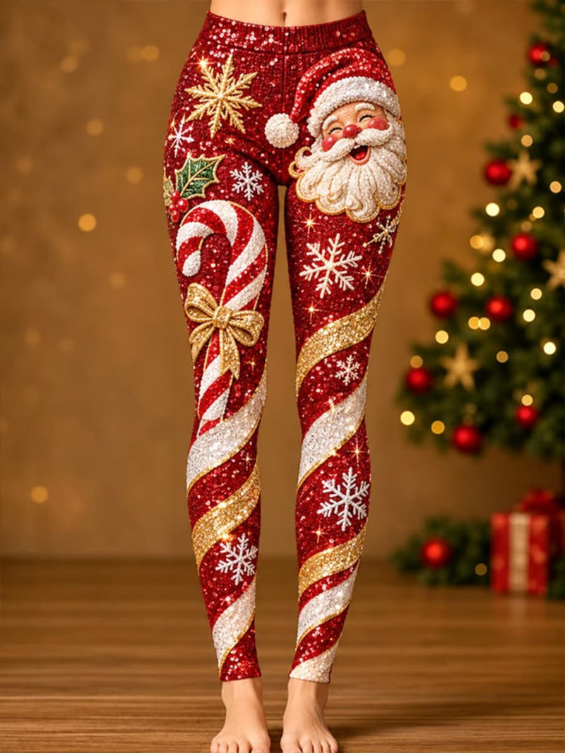 Women's Christmas Red Santa Claus Candy Cane Snowflake High Waist Long Leggings