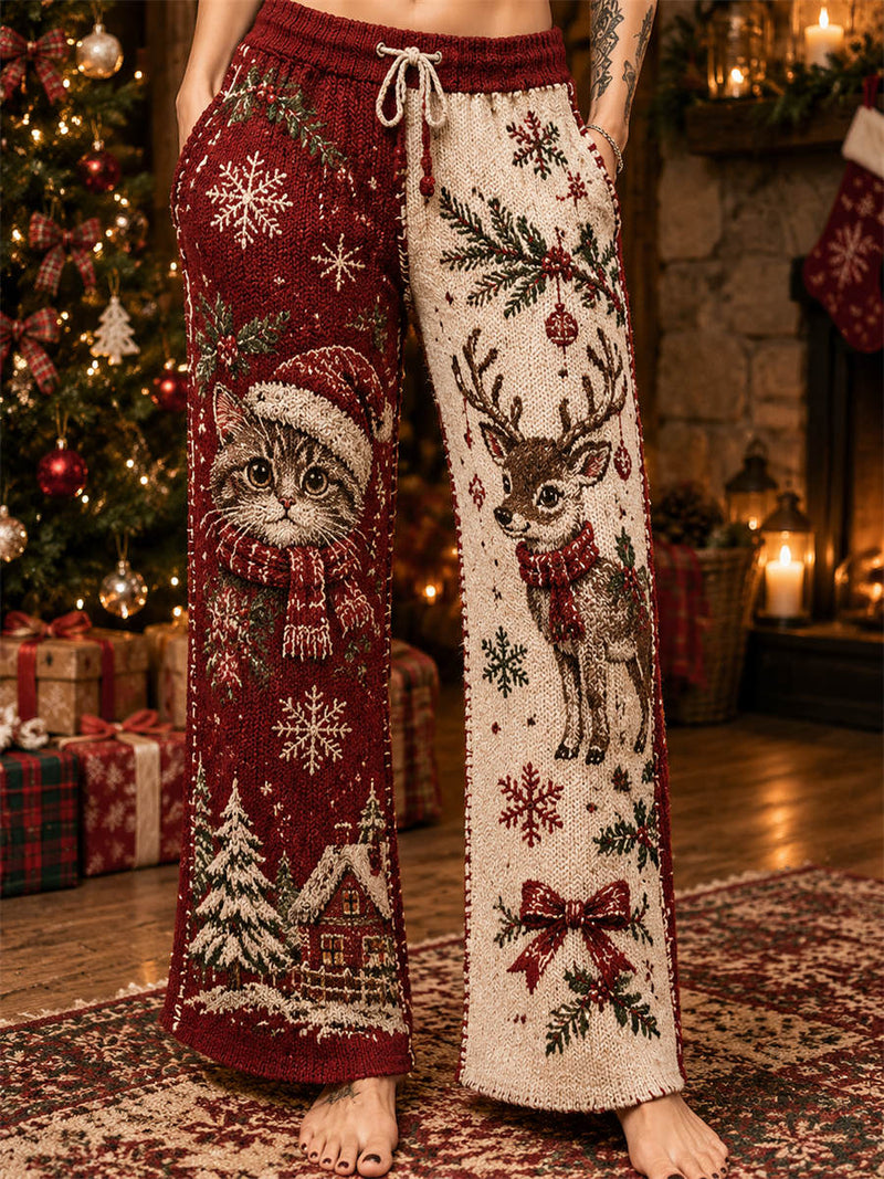 Women's Christmas Red Beige Cat Reindeer Snowflake Print Drawstring Waist Knit Wide Leg Pants