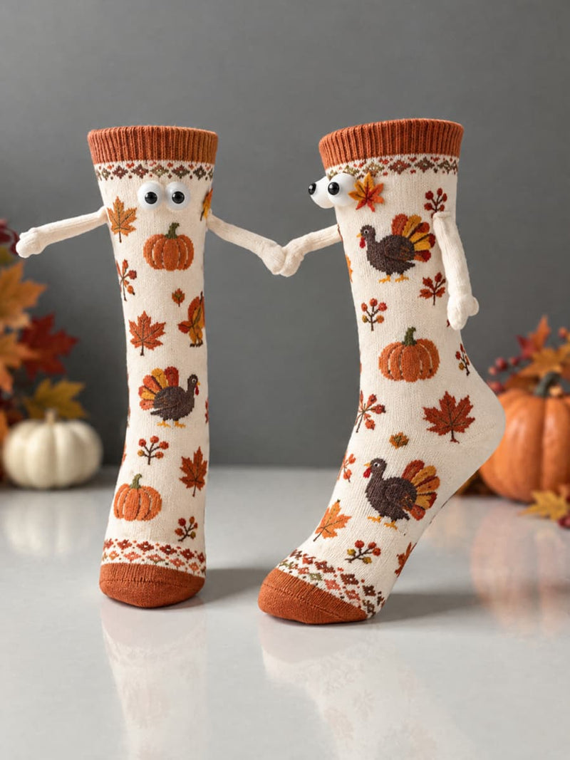 Women's Thanksgiving Cream Turkey Pumpkin Maple Leaf Hand Holding Mid Calf Socks