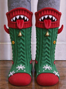 Women's Christmas Red Green Monster Mouth Bell Snowflake Mid Calf Socks