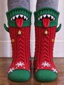 Women's Christmas Red Green Monster Mouth Bell Snowflake Mid Calf Socks