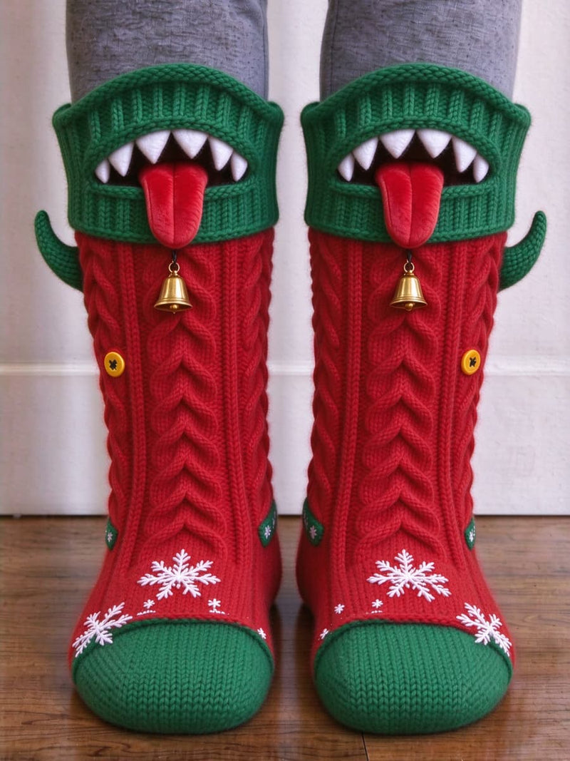 Women's Christmas Red Green Monster Mouth Bell Snowflake Mid Calf Socks