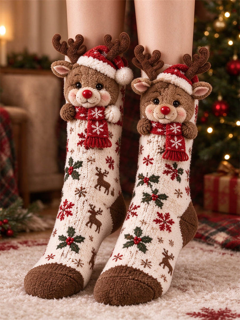 Women's Christmas Cute Animal Santa Hat Mid Calf Socks