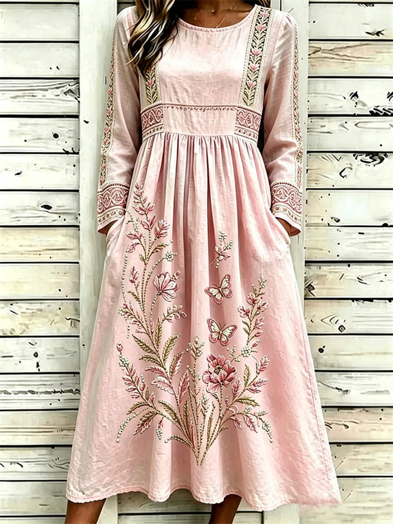 Women's Pink Floral Butterfly Print Round Neck Long Sleeve Midi Dress