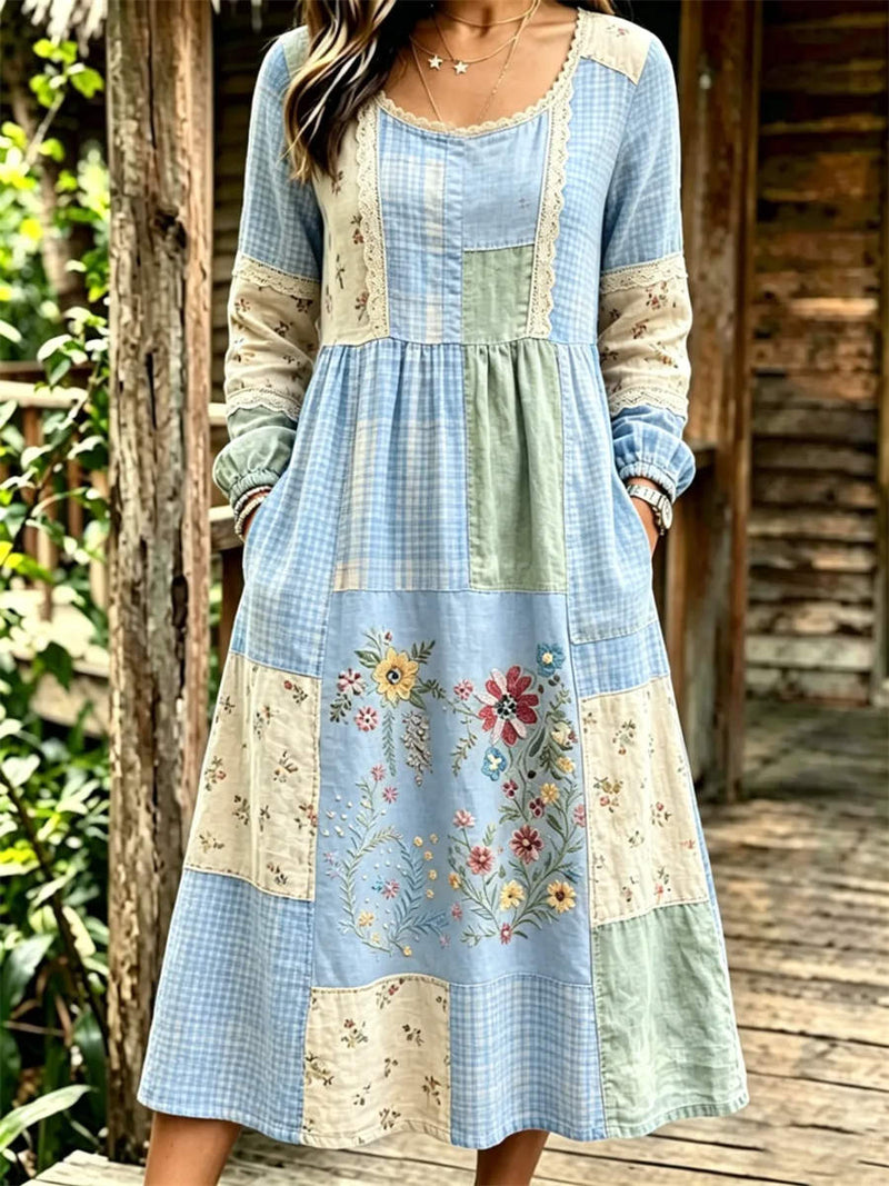 Women's Blue Plaid Floral Patchwork Print Lace Round Neck Long Sleeve Midi Dress