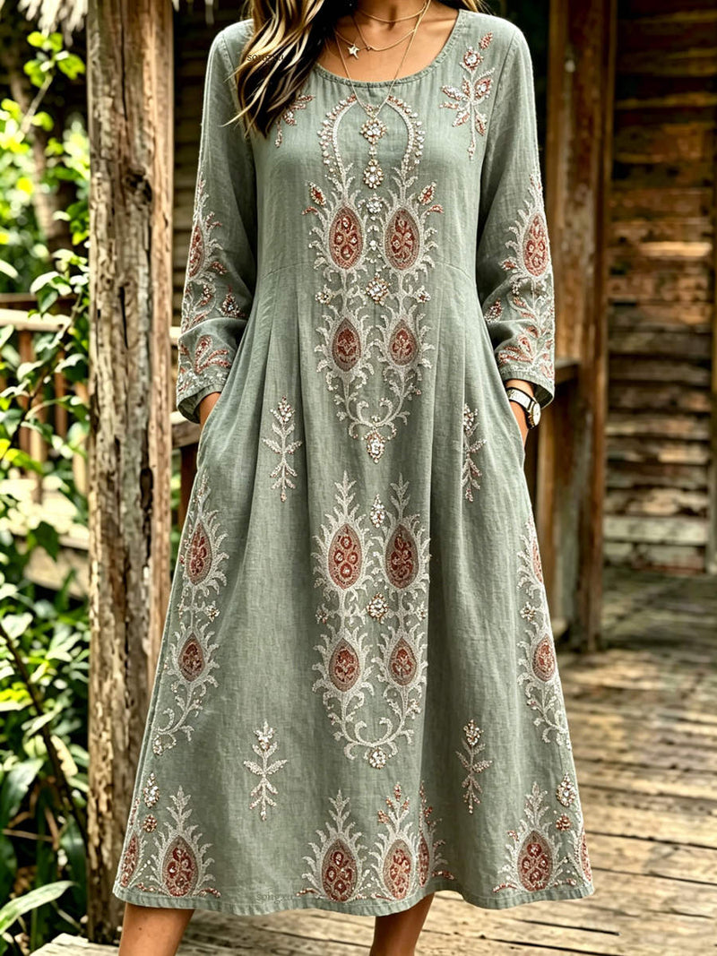 Women's Sage Ethnic Paisley Print Round Neck Long Sleeve Midi Dress