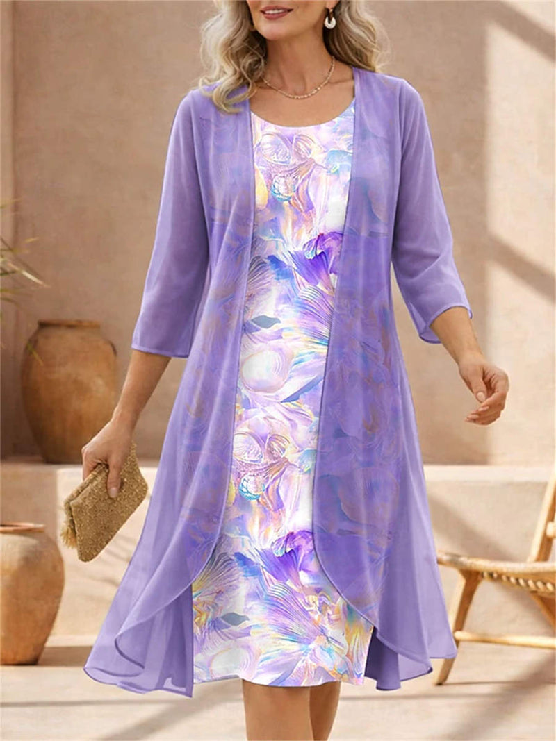 Women's Purple Floral Print Round Neck 3/4 Sleeve Two Piece Midi Dress