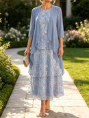 Women's Dusty Blue Floral Print Round Neck 3/4 Sleeve Two Piece Maxi Dress