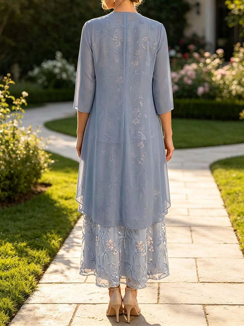 Women's Dusty Blue Floral Print Round Neck 3/4 Sleeve Two Piece Maxi Dress