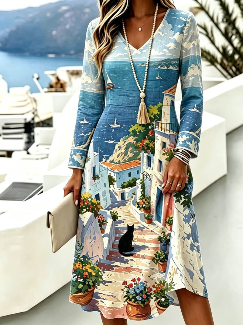 Women's Multi Sea Town Black Cat Print V Neck Long Sleeve Midi Dress