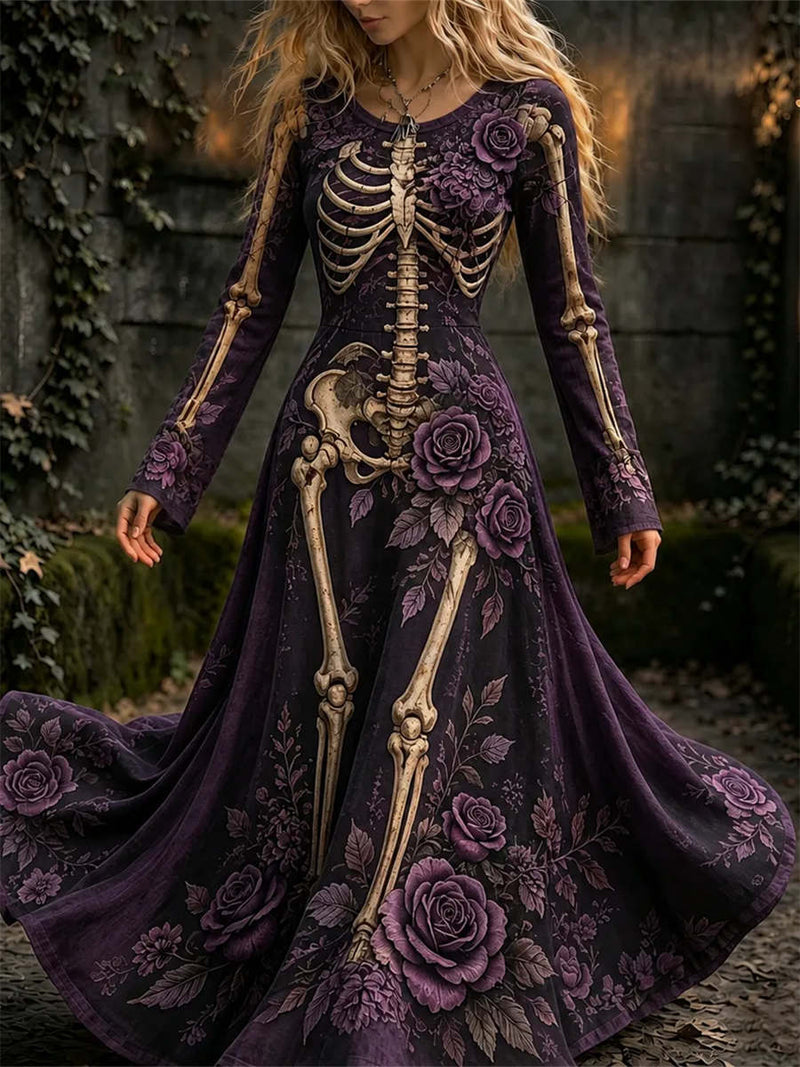Women's Halloween Dark Purple Skeleton Rose Floral Print Round Neck Long Sleeve Maxi Dress