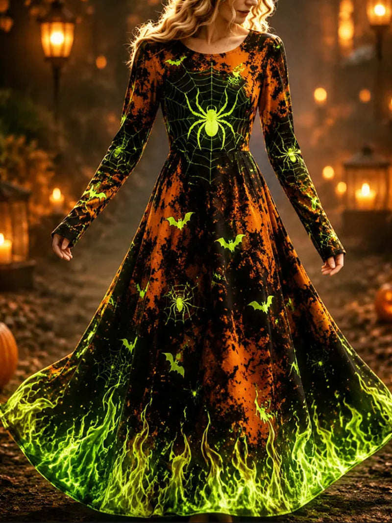 Women's Halloween Orange Black Spider Flame Print Round Neck Long Sleeve Maxi Dress