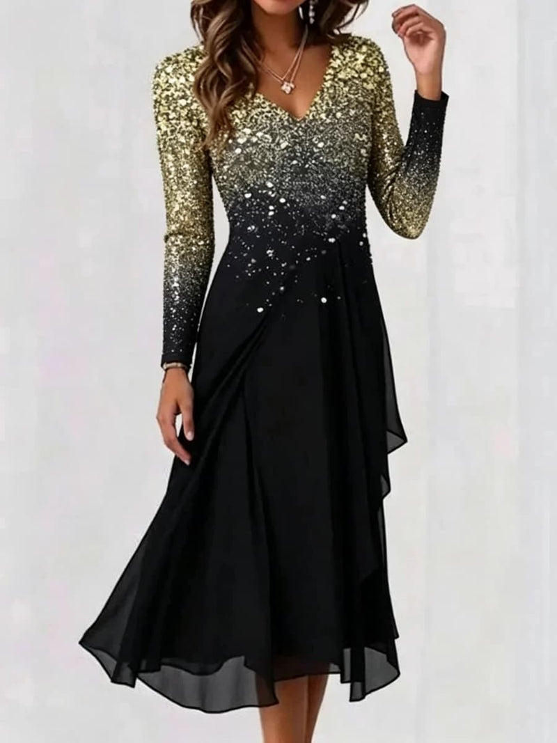 Women's Black Gold Gradient Print V Neck Long Sleeve Midi Dress