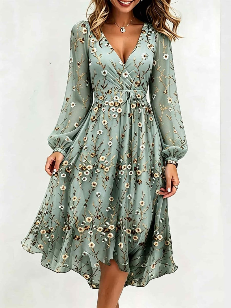 Women's Sage Green Floral Print V Neck Long Sleeve Midi Dress