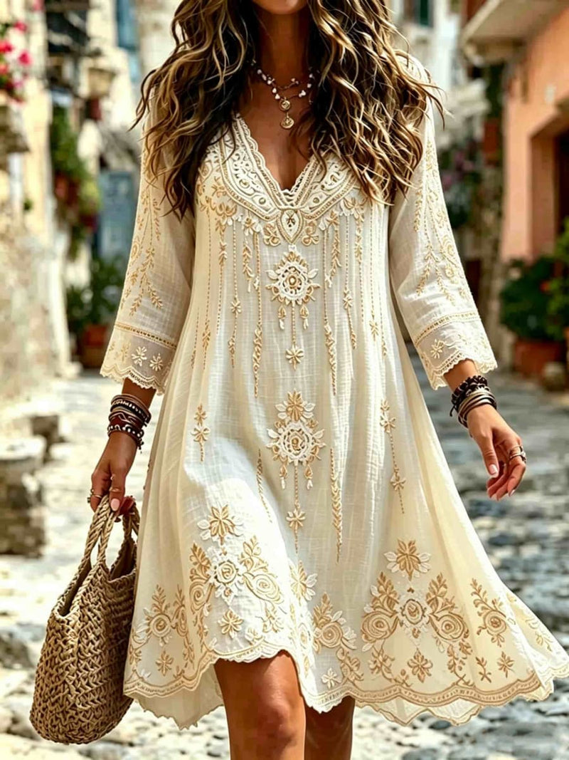 Women's Ivory Gold Floral Print V Neck 3/4 Sleeve Mini Dress