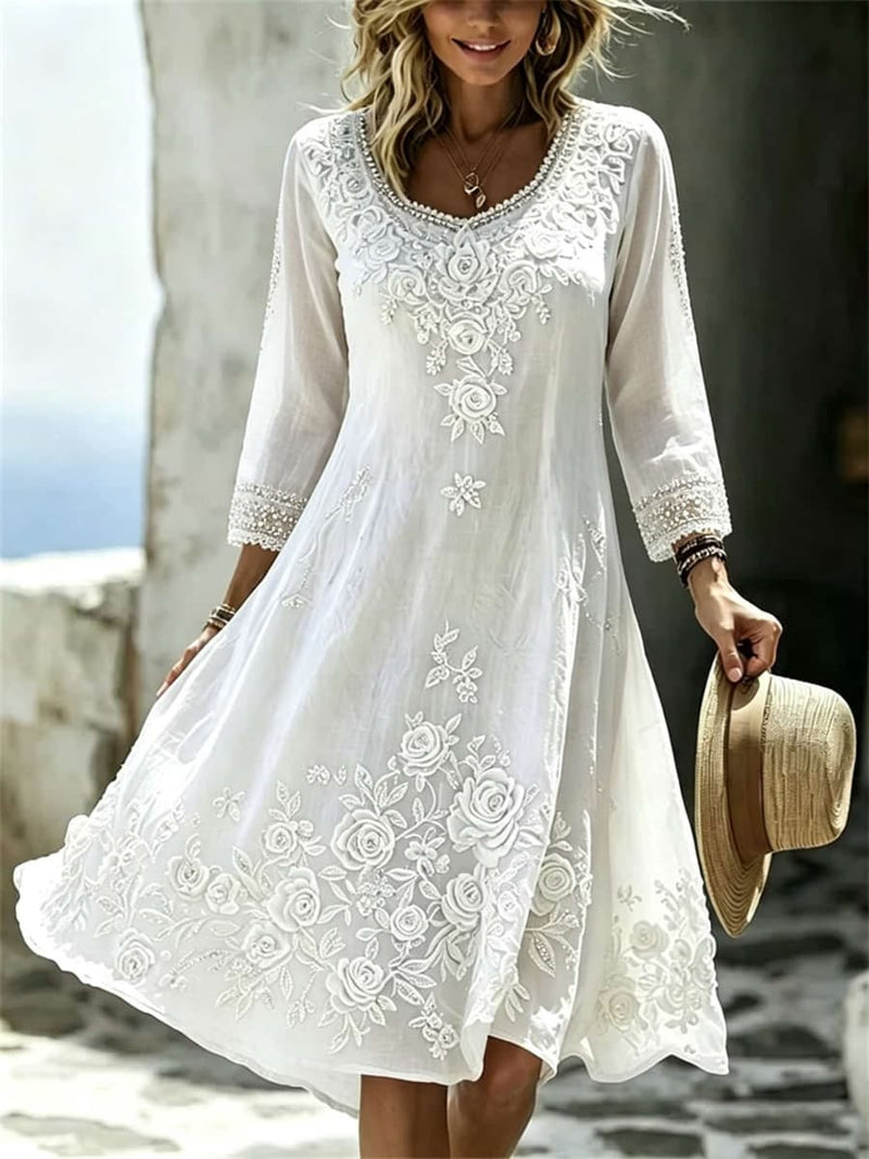 Women's White Floral Print Round Neck 3/4 Sleeve Mini Dress