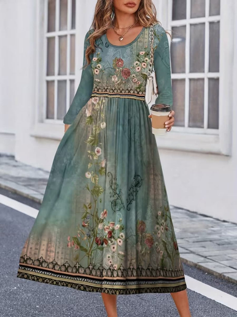 Women's Green Vintage Floral Border Print Round Neck Long Sleeve Midi Dress