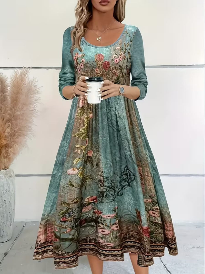 Women's Green Vintage Floral Border Print Round Neck Long Sleeve Midi Dress