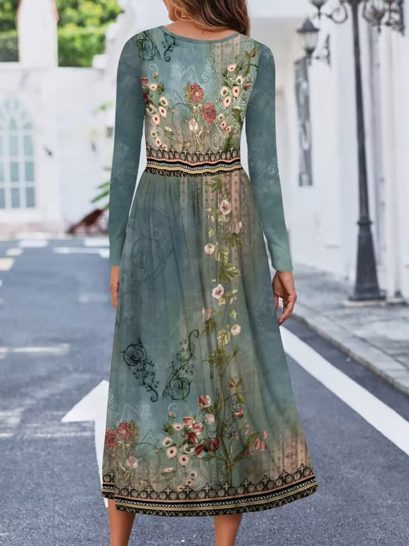 Women's Green Vintage Floral Border Print Round Neck Long Sleeve Midi Dress