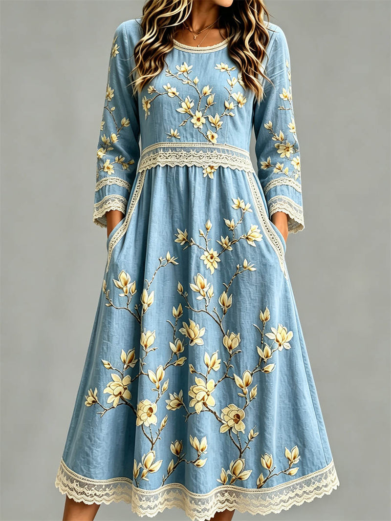 Women's Blue Floral Print Lace Splicing Round Neck Long Sleeve Midi Dress