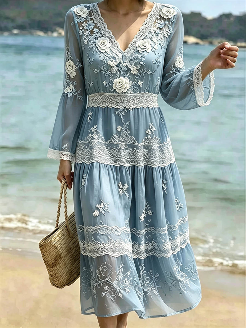 Women's Blue Floral Lace Splicing V Neck Long Sleeve Midi Dress