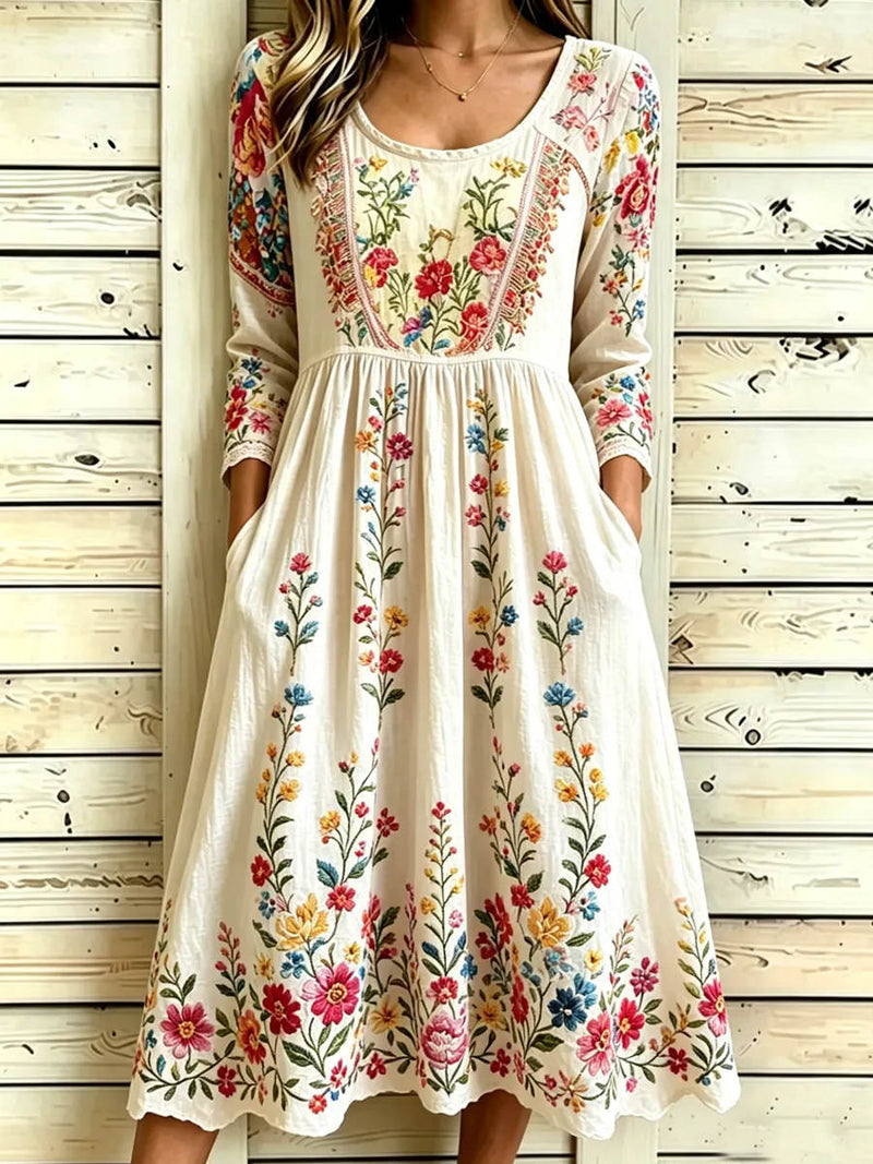 Women's Off White Colorful Floral Print Round Neck 3/4 Sleeve Midi Dress