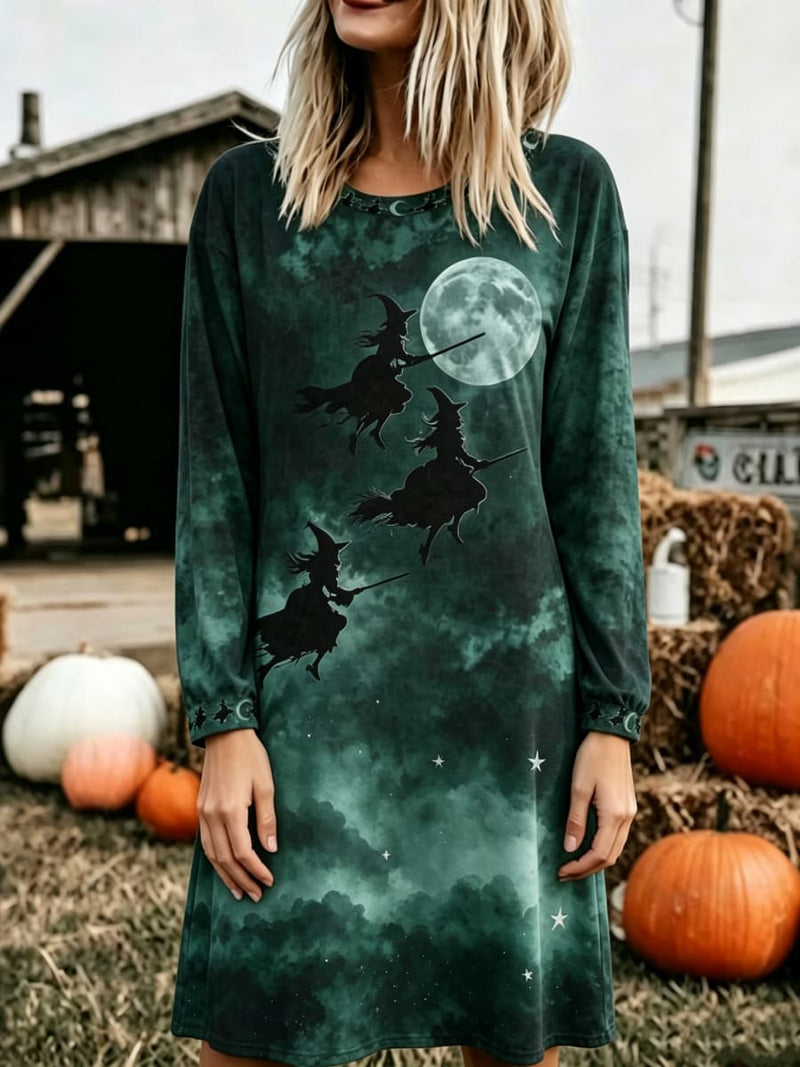 Women's Halloween Dark Green Tie Dye Witch Moon Print Round Neck Long Sleeve Mini Dress