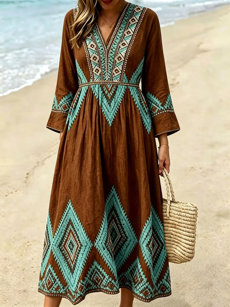 Women's Brown Ethnic Geometric Diamond Print V Neck Long Sleeve Midi Dress