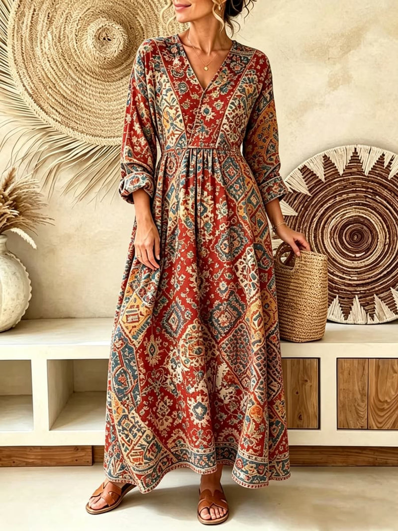 Women's Red Vintage Ethnic Floral Geometric Print V Neck Long Sleeve Maxi Dress