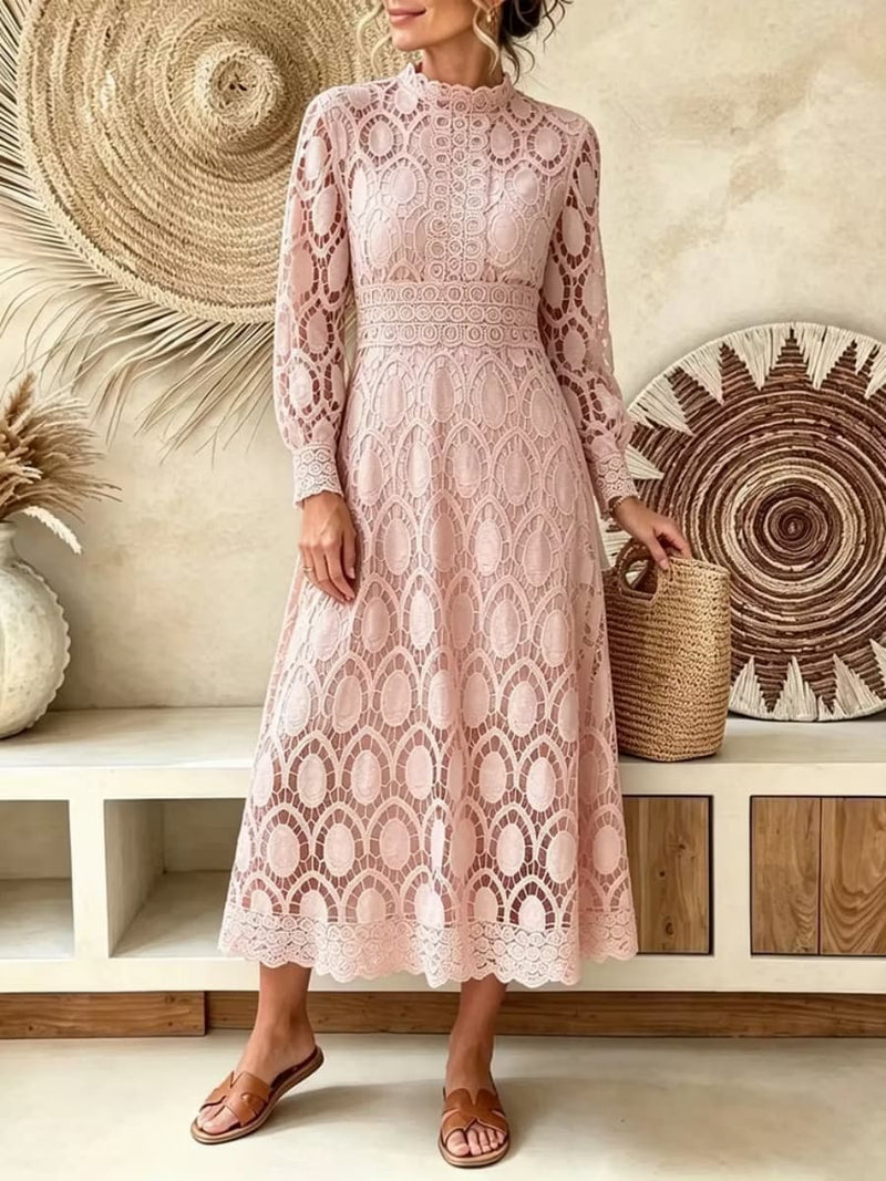 Women's Pink Lace Hollow Out Round Neck Long Sleeve Midi Dress