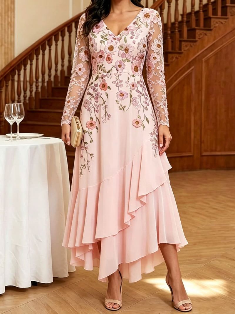 Women's Light Pink Floral Print Mesh Splicing V Neck Long Sleeve Midi Dress