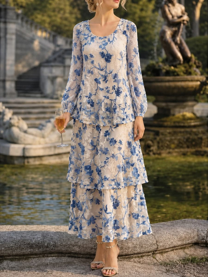 Women's White Blue Floral Print Round Neck Long Sleeve Maxi Dress