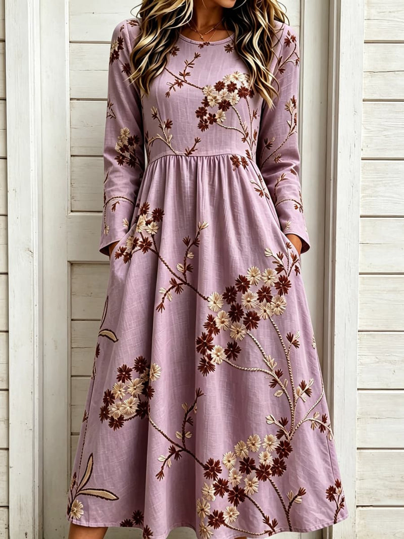 Women's Light Purple Floral Print Round Neck Long Sleeve Midi Dress