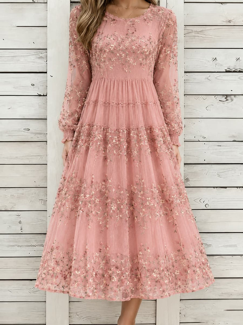 Women's Dusty Pink Floral Lace Round Neck Long Sleeve Midi Dress