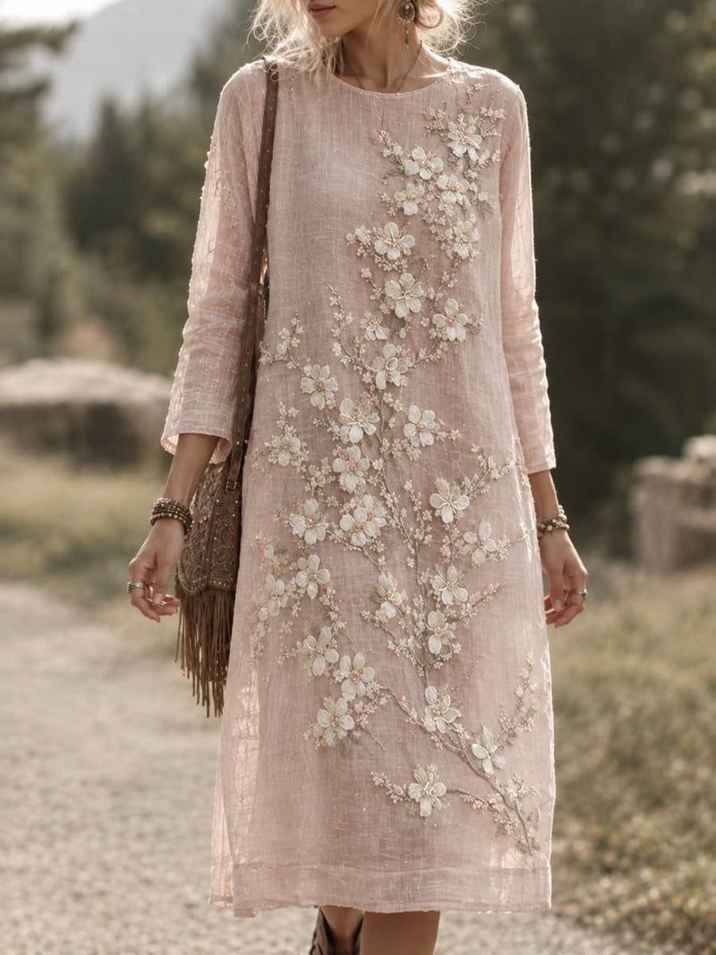 Women's Light Pink Floral Print Round Neck Long Sleeve Midi Dress