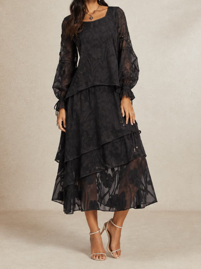 Women's Black Floral Lace Square Neck Long Sleeve Tiered Midi Dress