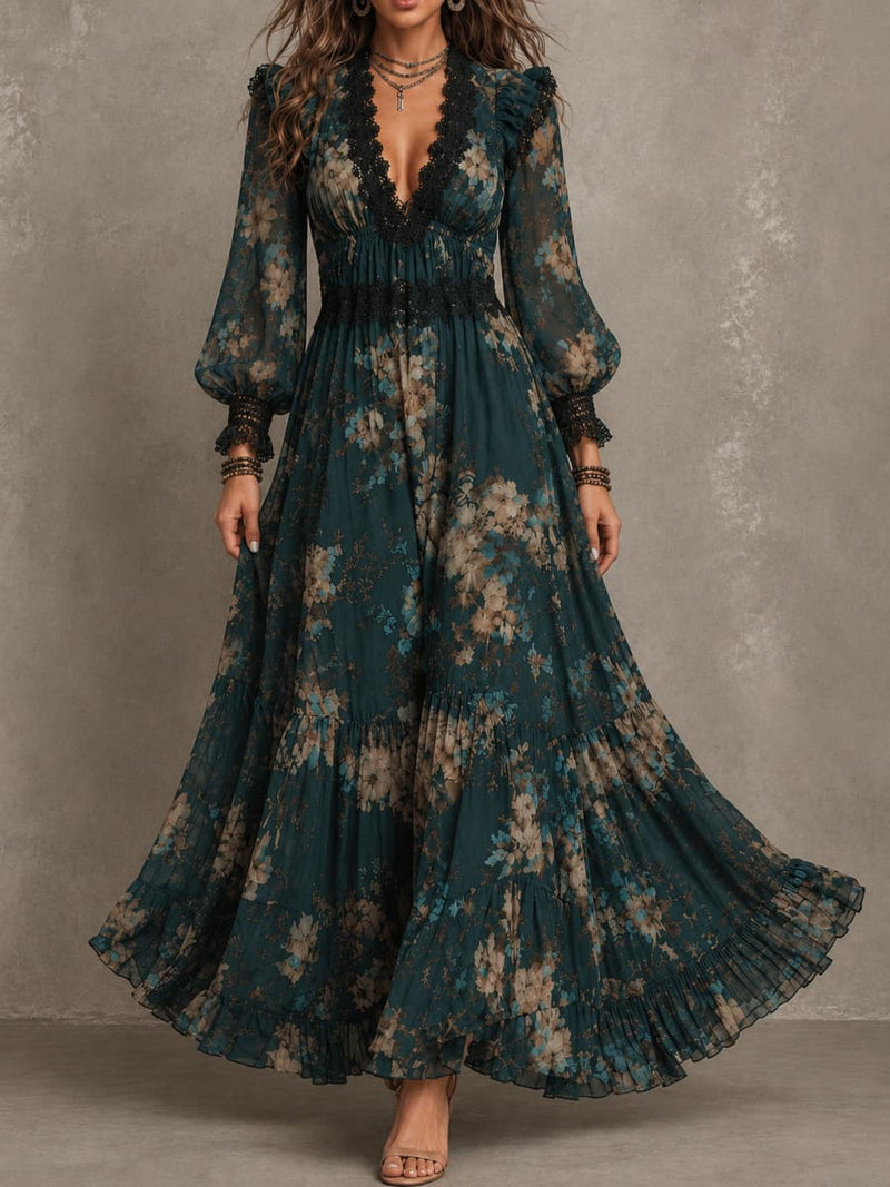 Women's Dark Green Floral Print Lace Trim V Neck Long Sleeve Maxi Dress