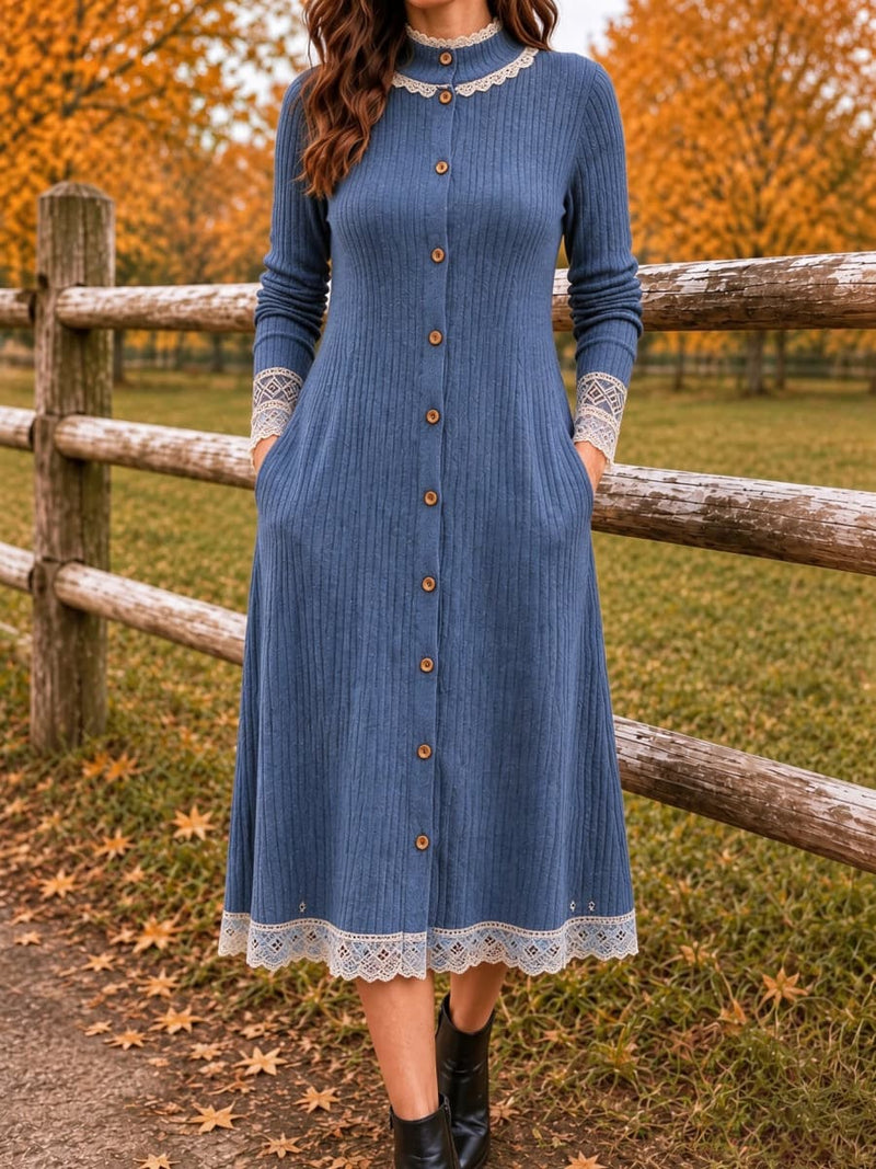Women's Blue Knit Lace Trim Mock Neck Button Front Long Sleeve Midi Dress