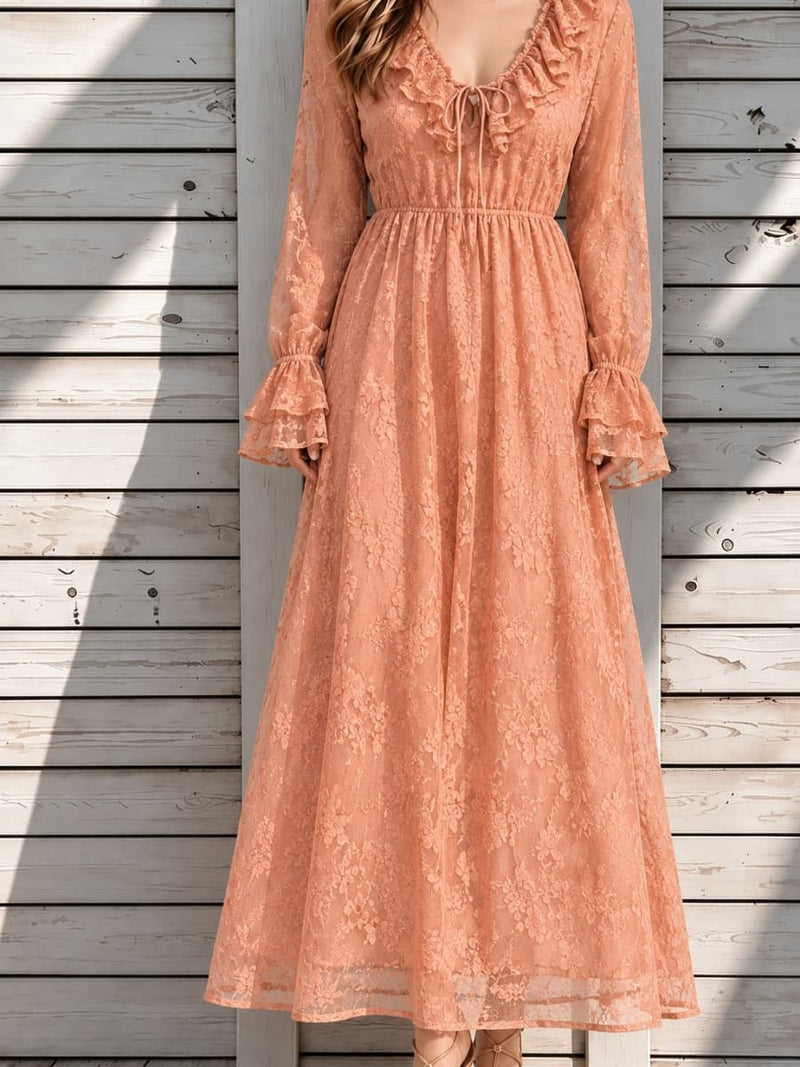 Women's Grapefruit Pink Floral Lace Ruffle V Neck Tie Front Long Sleeve Maxi Dress