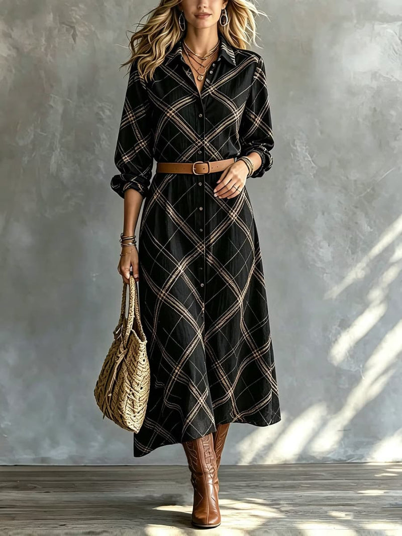Women's Black Beige Plaid Lapel Collar Long Sleeve Midi Dress