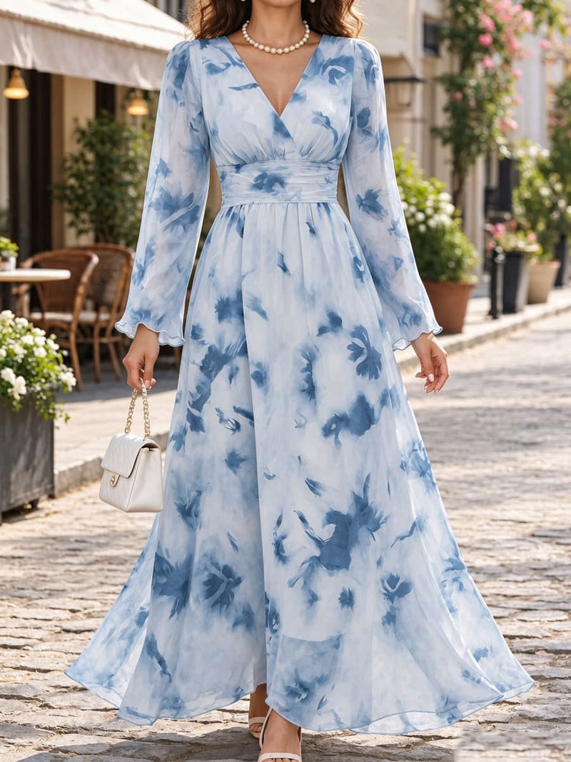 Women's Blue Floral Print V Neck Long Sleeve Maxi Dress