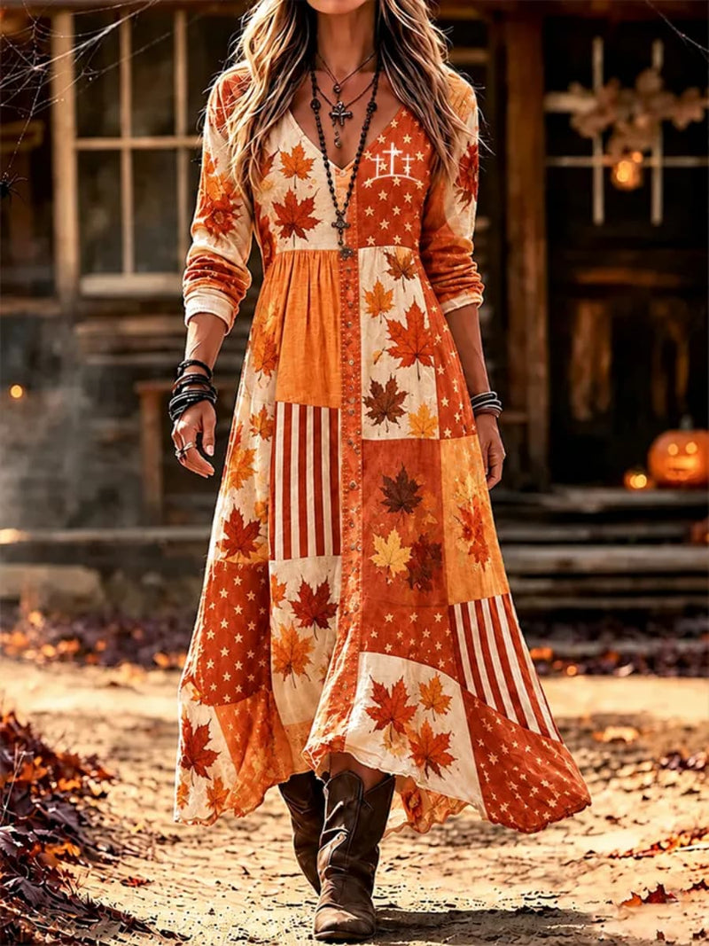 Women's Thanksgiving Orange Maple Leaf Stars Patchwork V Neck Long Sleeve Maxi Dress