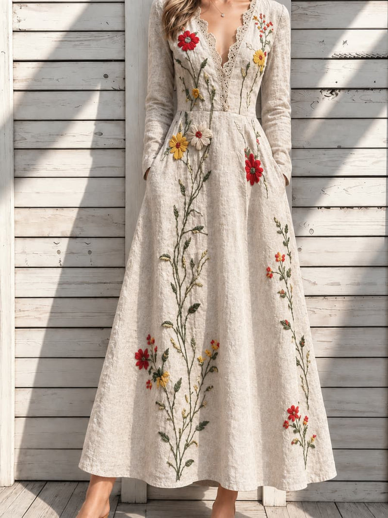Women's Beige Floral Print Lace Trim V Neck Long Sleeve Maxi Dress