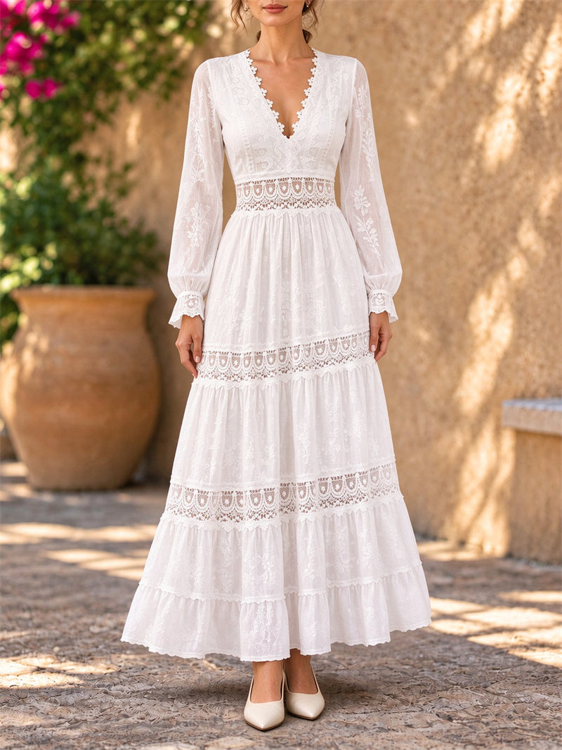 Women's White Lace Floral V Neck Long Sleeve Maxi Dress