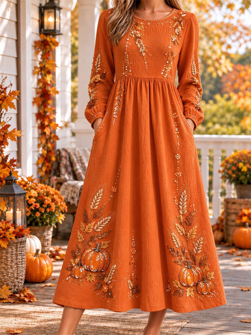 Women's Thanksgiving Orange Pumpkin Maple Leaf Wheat Print Round Neck Long Sleeve Midi Dress