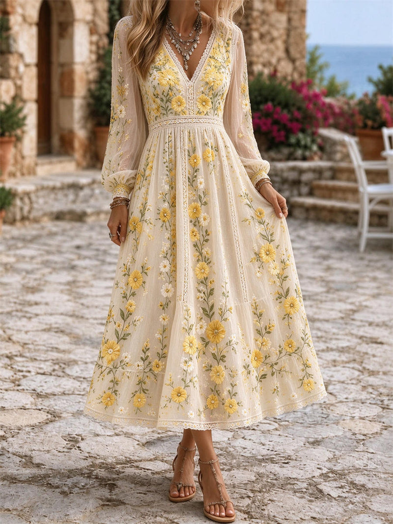 Women's Cream Yellow Floral V Neck Long Sleeve Midi Dress