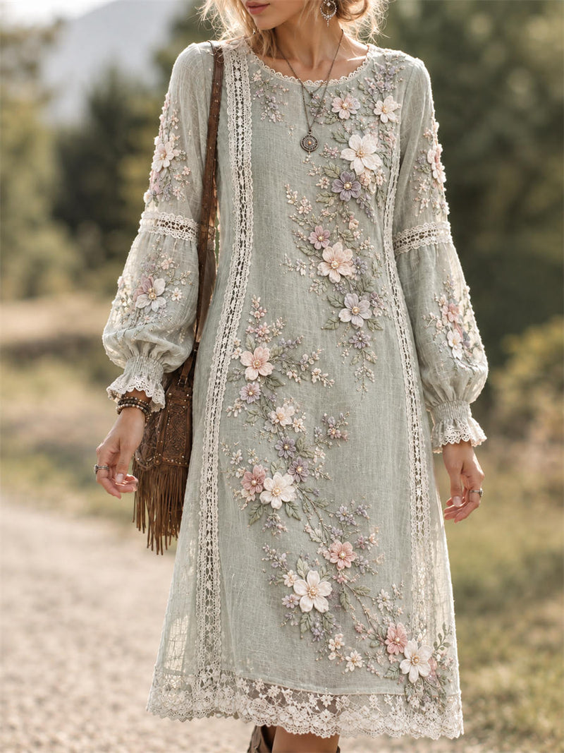Women's Sage Green Floral Lace Round Neck Long Sleeve Midi Dress