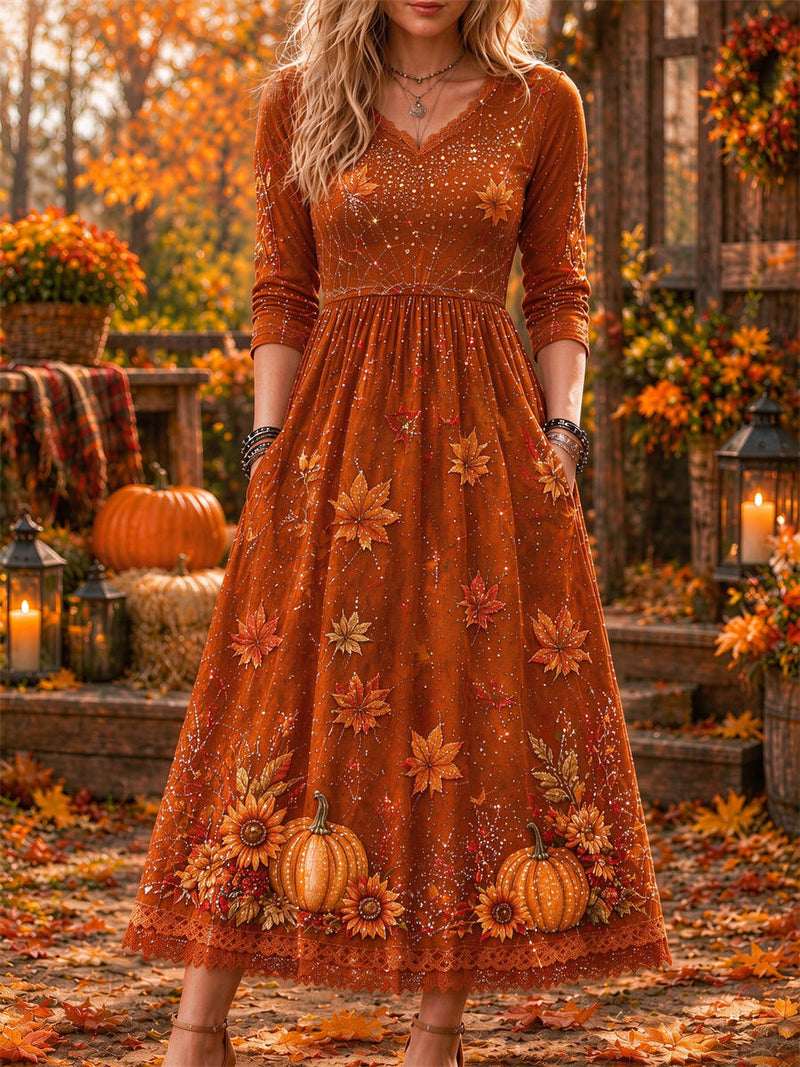 Women's Thanksgiving Orange Pumpkin Maple Leaf Sunflower Print V Neck Long Sleeve Midi Dress