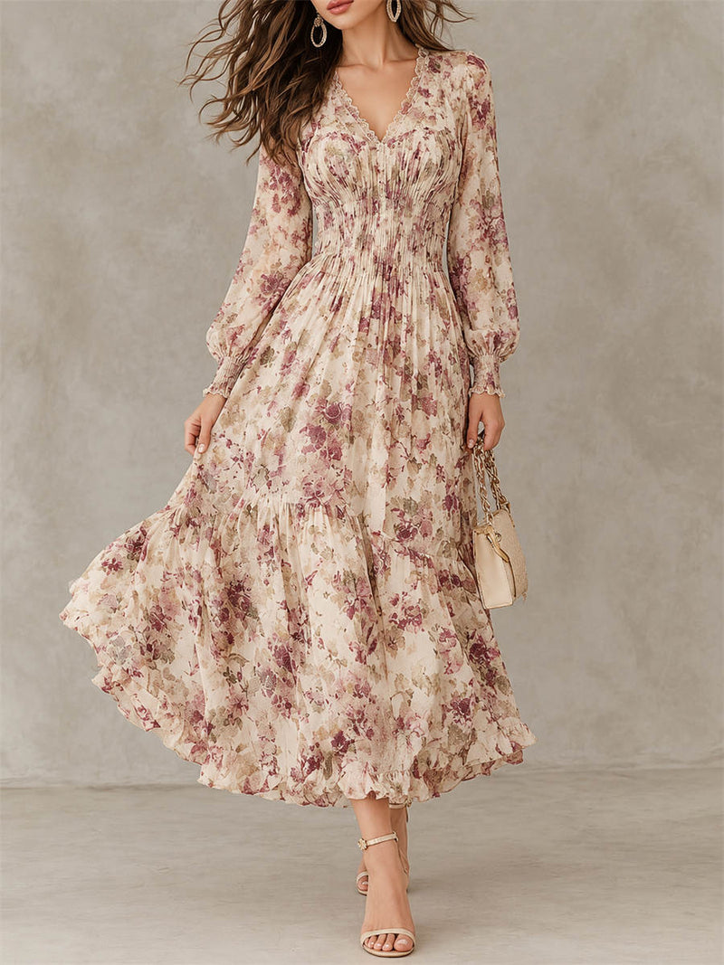 Women's Apricot Purple Floral Print Lace Trim V Neck Long Sleeve Midi Dress