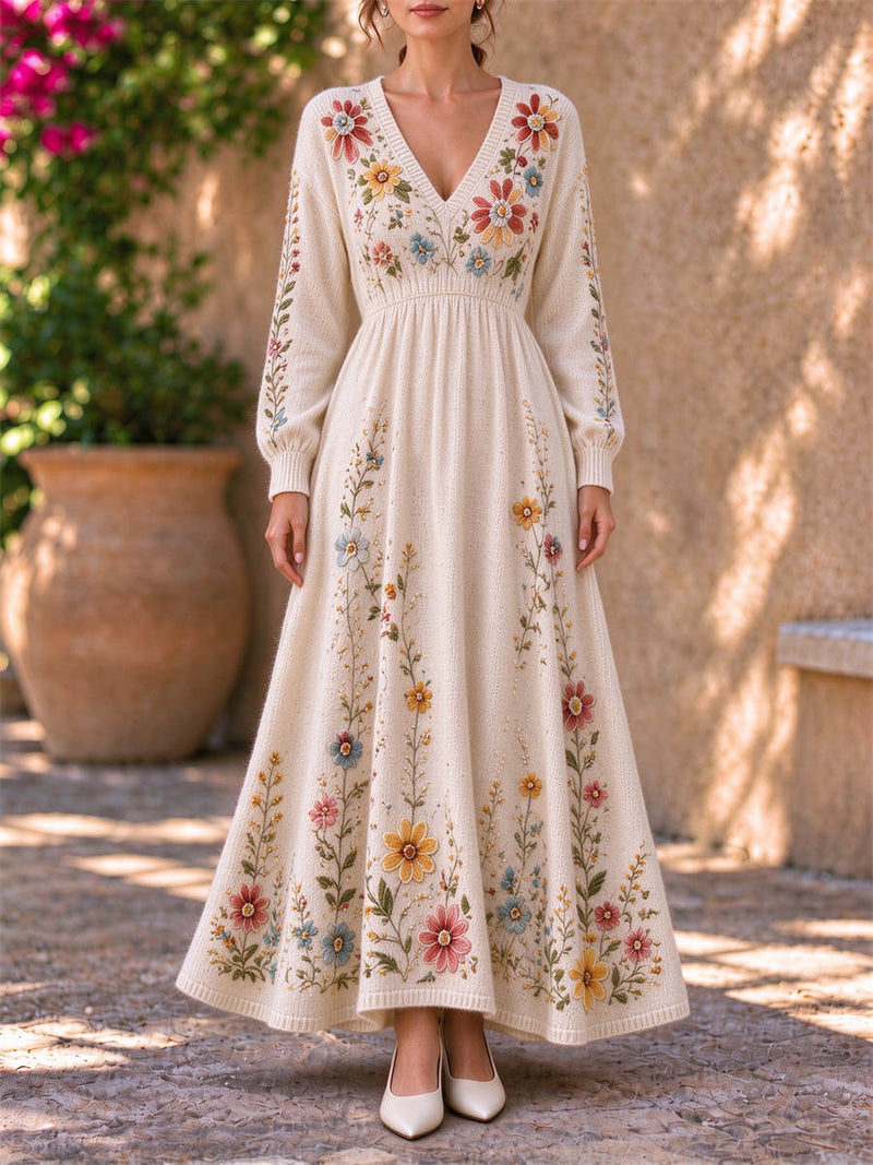 Women's Cream Floral Print V Neck Long Sleeve Maxi Knit Dress